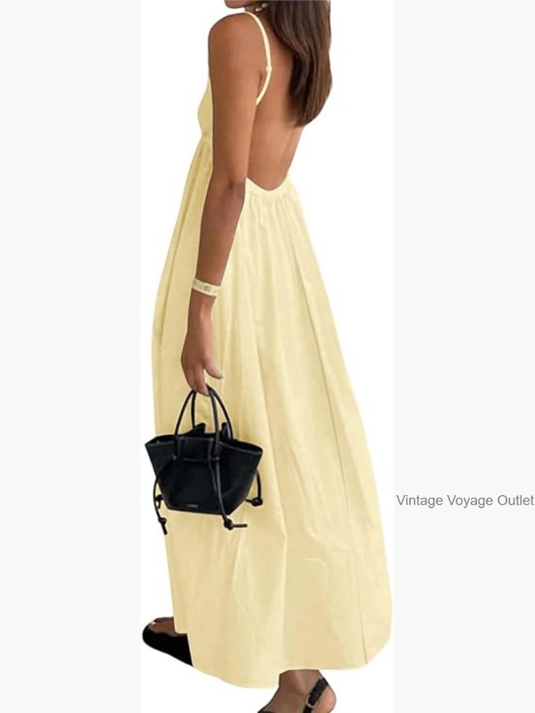 Flowy Boho V-Neck Backless Maxi Dress With Pockets